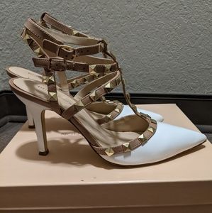 White and tan BCBG Generation stappy&studded heels